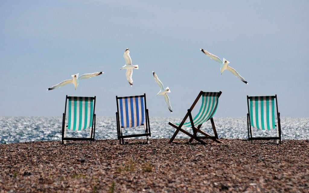 beach, seagulls, deckchairs, fly, flying birds, shore, seashore, coast, rest, seats, chairs, beach chairs, horizon, seabirds, water birds, sea, holiday, vacation, beach, beach, beach, beach, beach, holiday, holiday, holiday, holiday, nature, vacation, vacation, vacation